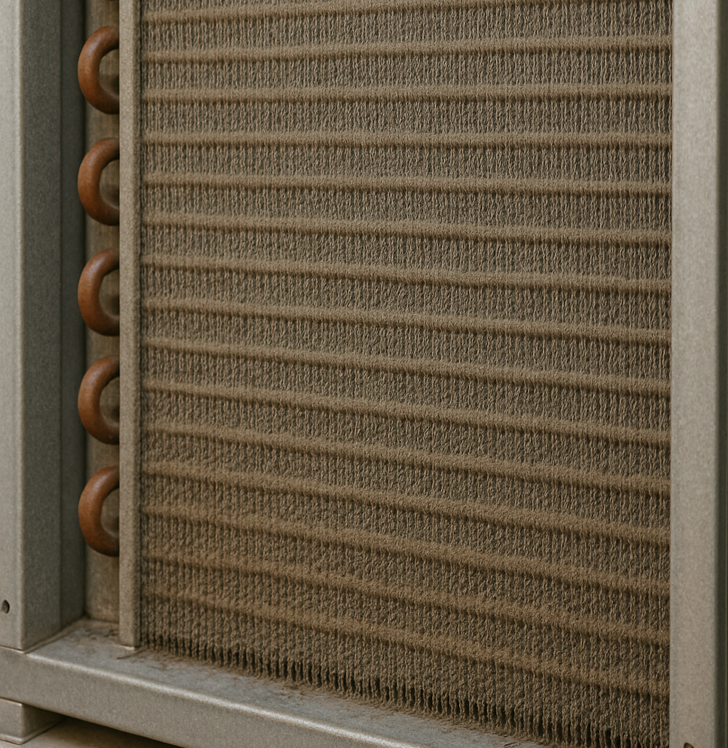 A dusty and dirty hvac evaporator coil.